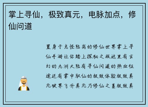 掌上寻仙，极致真元，电脉加点，修仙问道